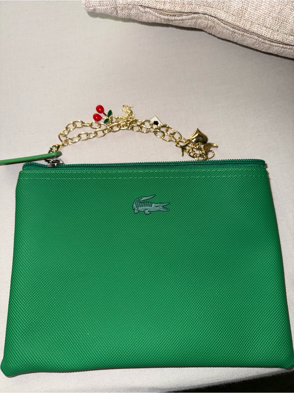 Lacoste Green Zip Wristlet with Gold Charm Chain